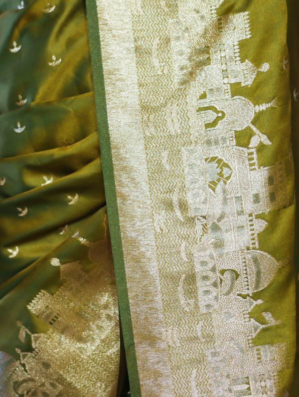 Banarasee Handloom Soft Silk Saree With Diya Design & Ganga Ghat Zari Border-Olive Green (Yellow Tone)