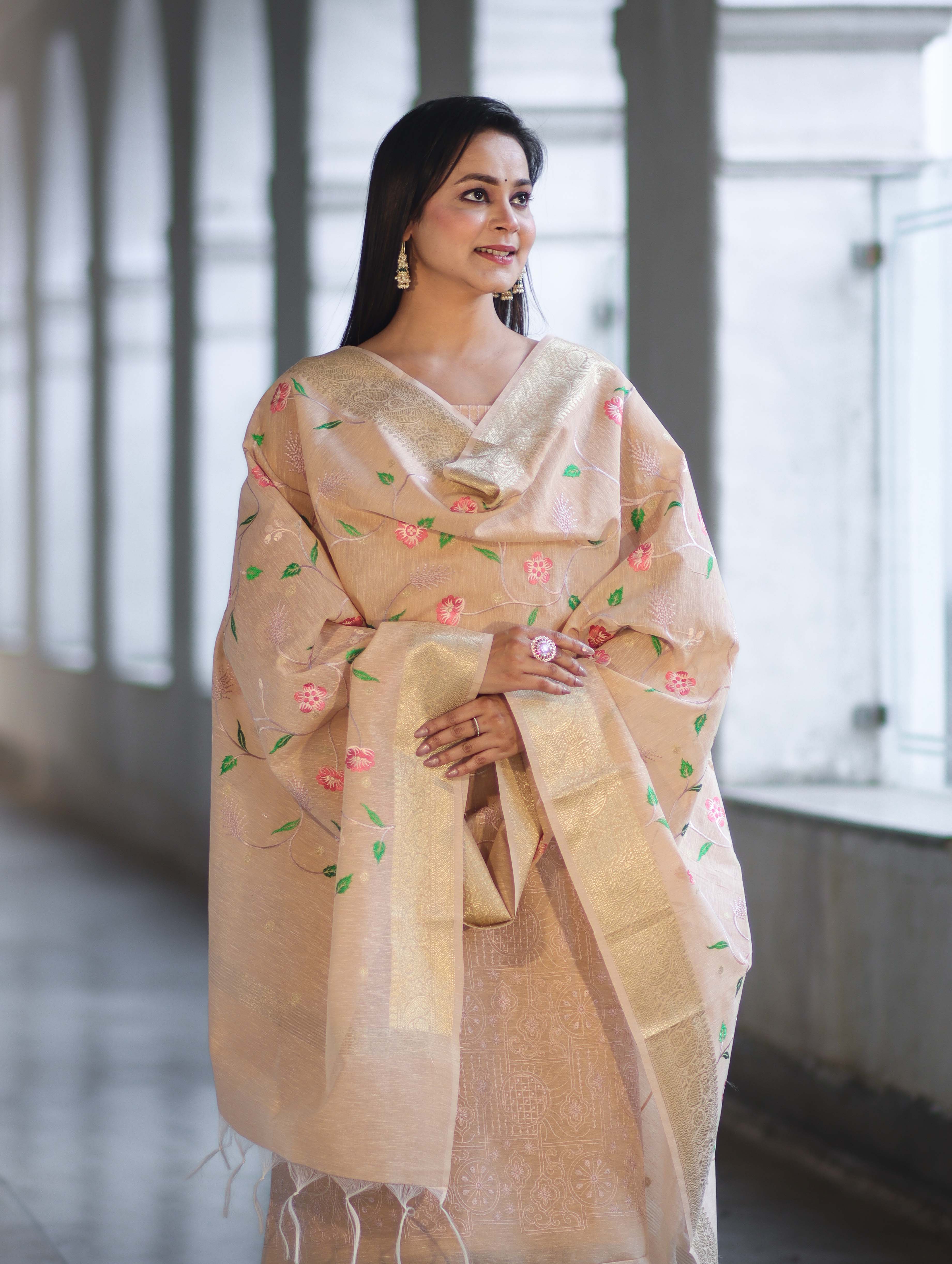 Banarasee Embroidered Linen Cotton Salwar Kameez Fabric With Dupatta Set-Beige