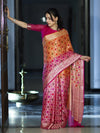 Banarasee Handloom Dual Color Pure Chiffon Saree With Resham Jaal Work-Pink & Orange