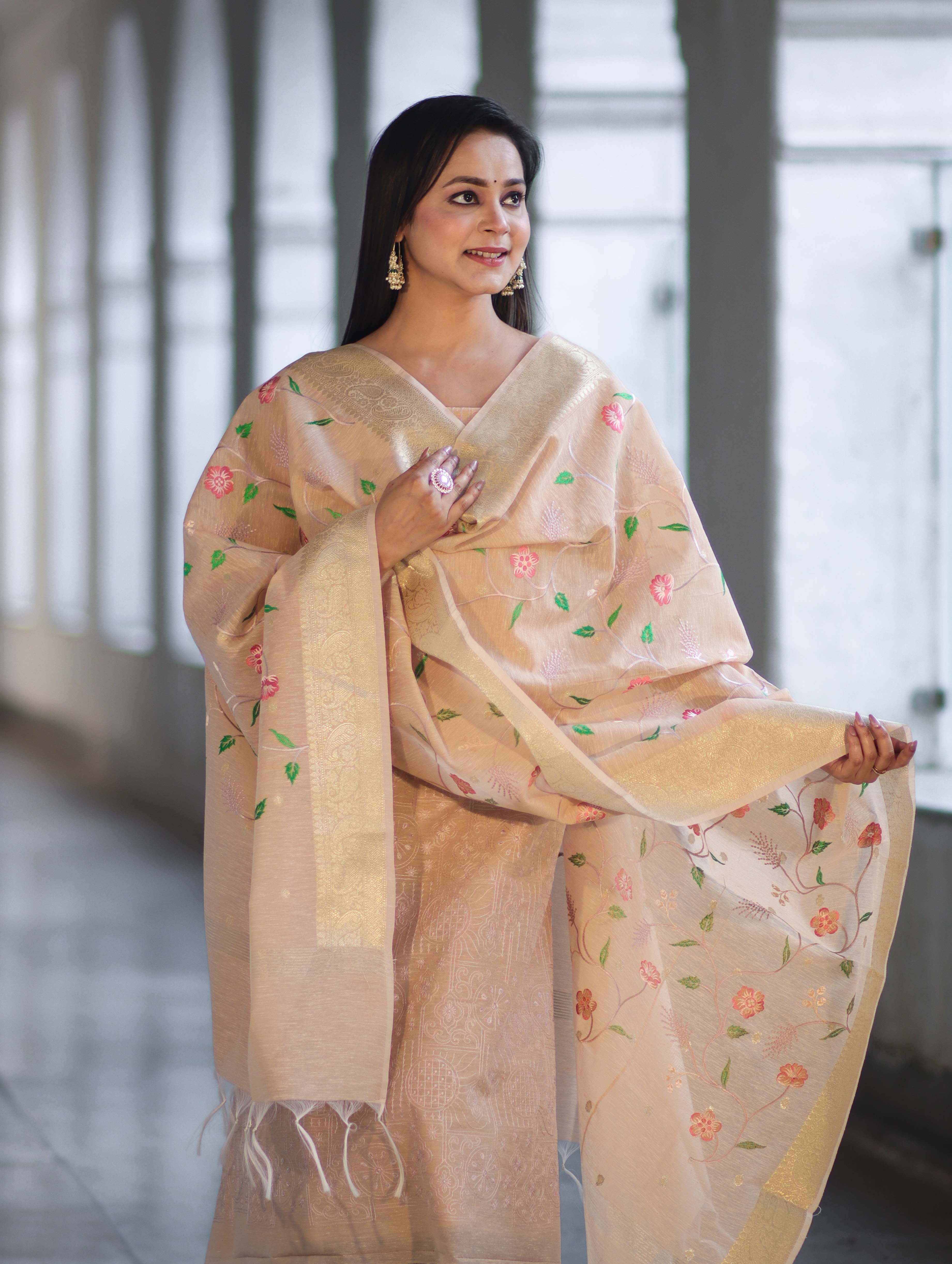 Banarasee Embroidered Linen Cotton Salwar Kameez Fabric With Dupatta Set-Beige