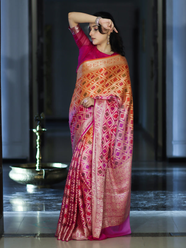 Banarasee Handloom Dual Color Pure Chiffon Saree With Resham Jaal Work-Pink & Orange