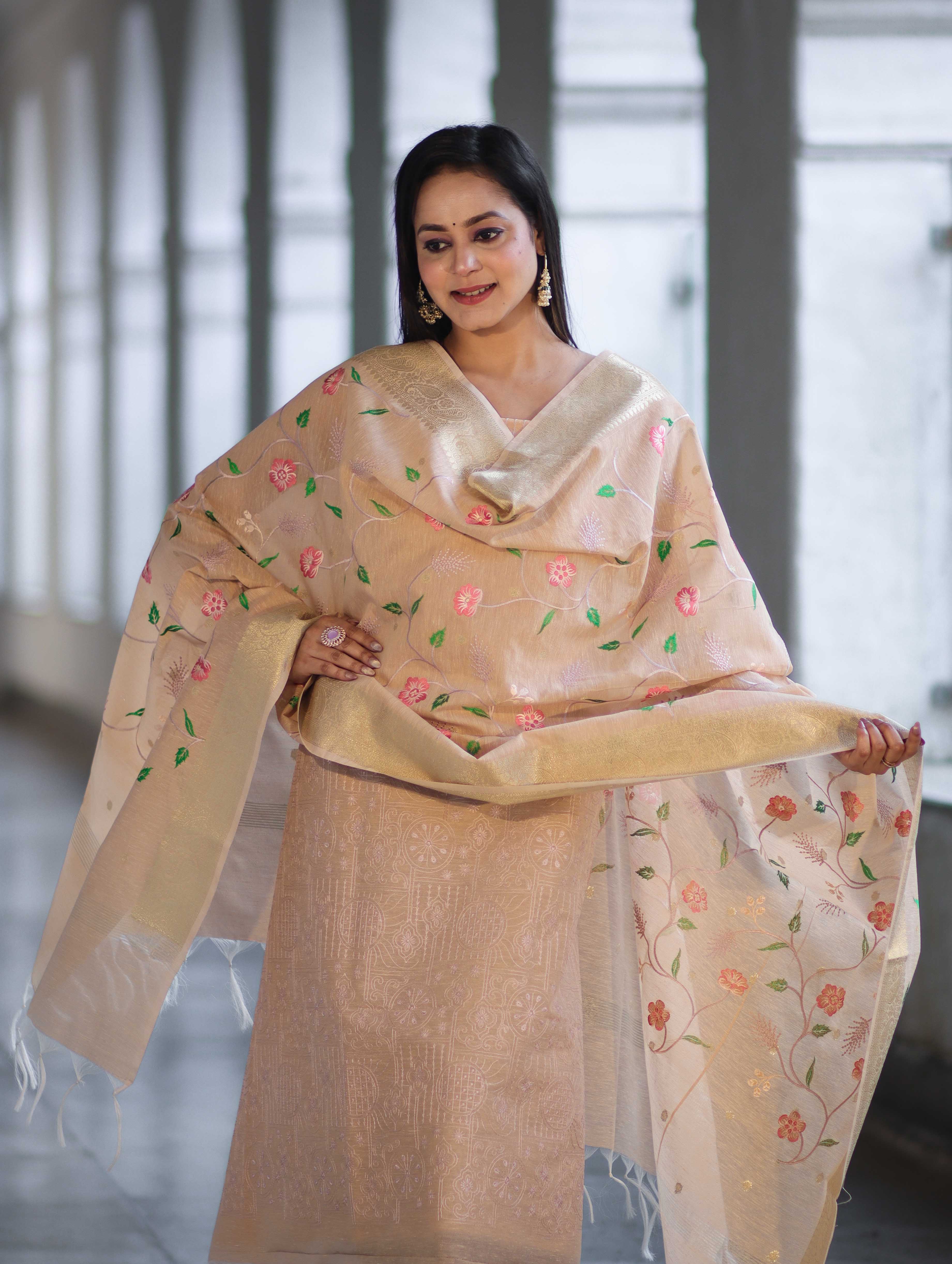 Banarasee Embroidered Linen Cotton Salwar Kameez Fabric With Dupatta Set-Beige