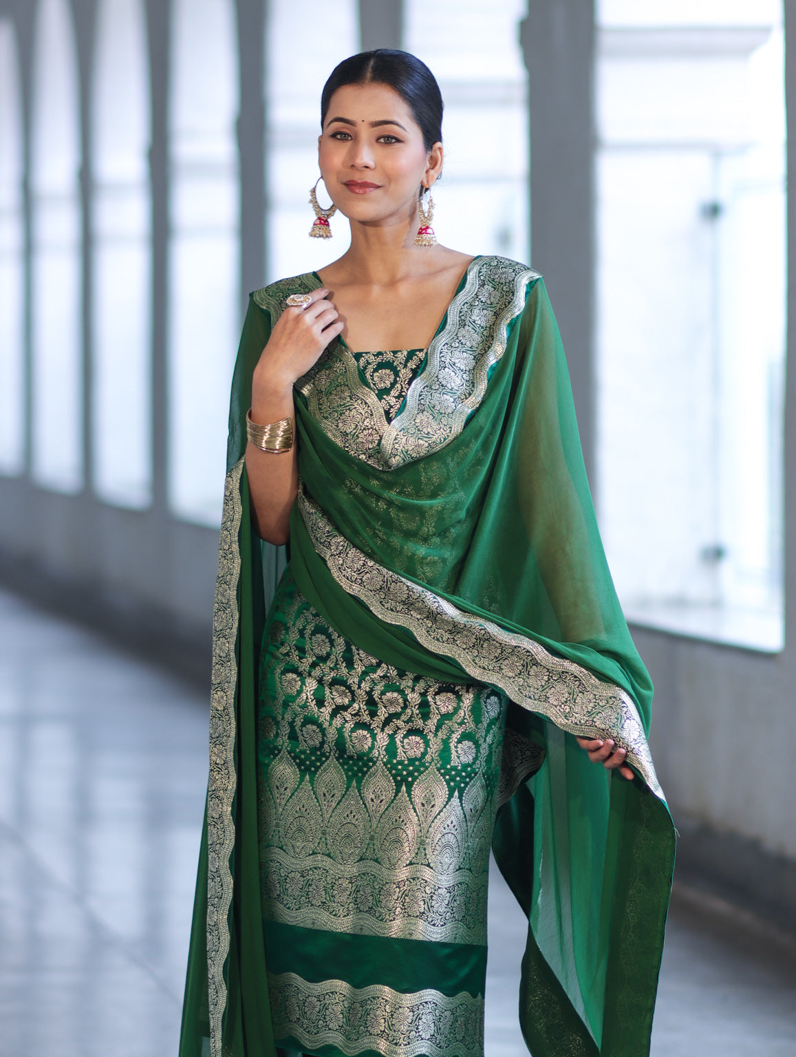 Banarasee Satin Silk Zari Work Salwar Kameez Fabric With Chiffon Dupatta Set-Green