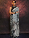Bhagalpur Handloom Pure Linen Cotton Hand-Dyed Shibori Pattern Saree-Grey