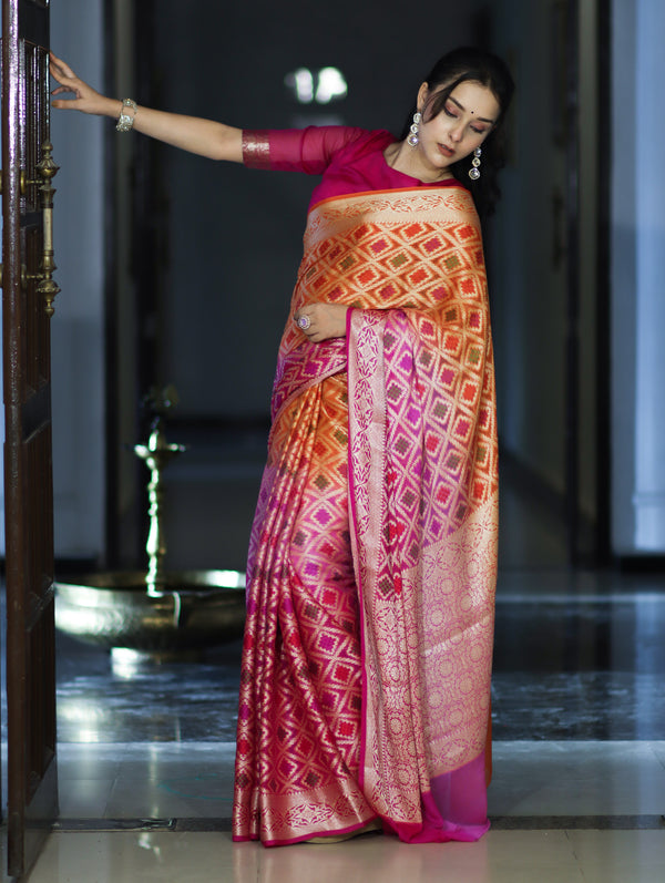 Banarasee Handloom Dual Color Pure Chiffon Saree With Resham Jaal Work-Pink & Orange