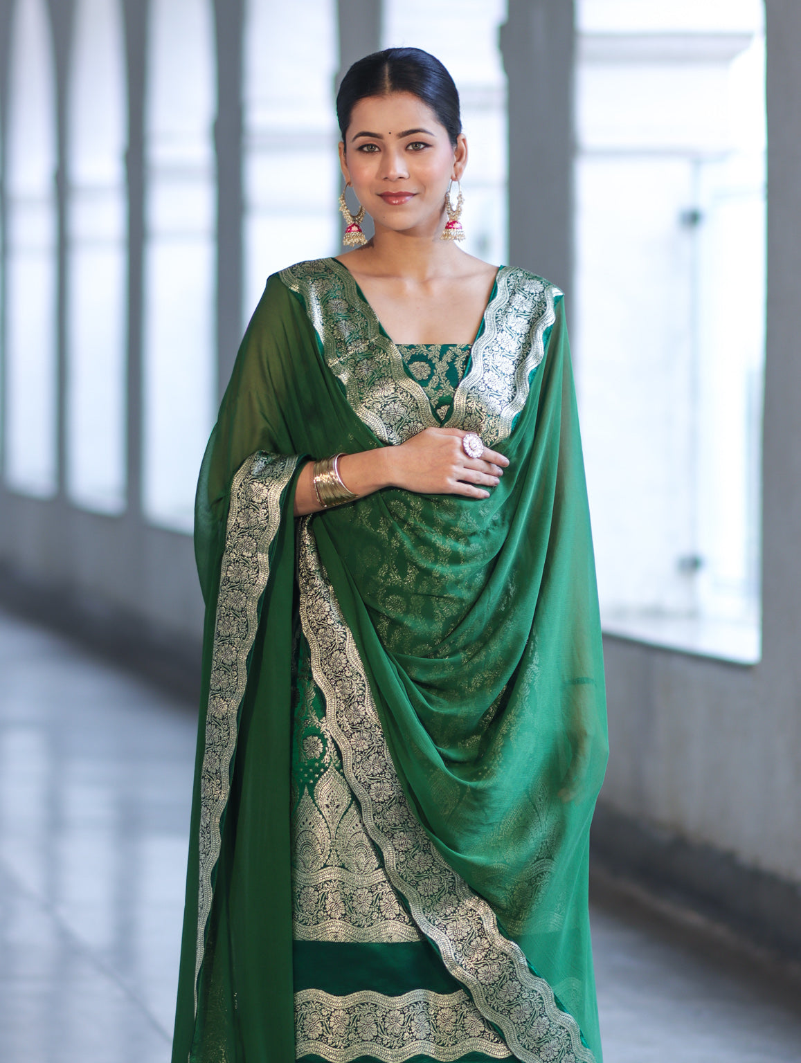 Banarasee Satin Silk Zari Work Salwar Kameez Fabric With Chiffon Dupatta Set-Green