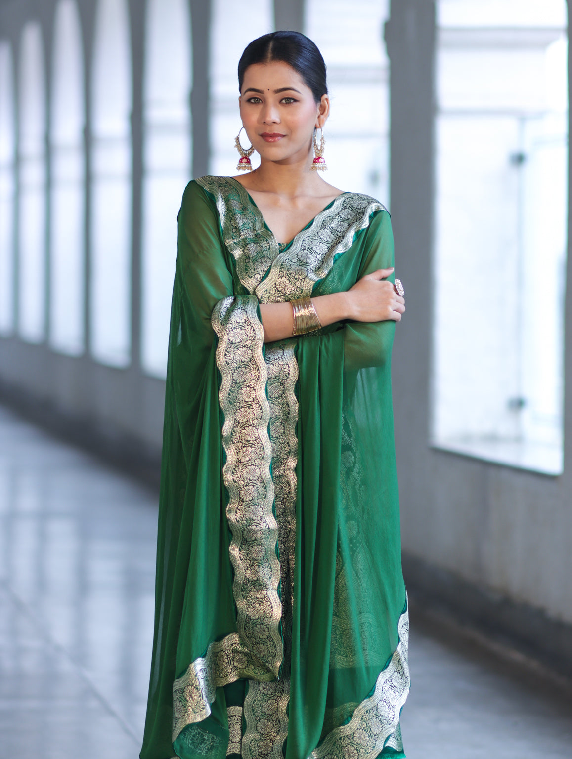 Banarasee Satin Silk Zari Work Salwar Kameez Fabric With Chiffon Dupatta Set-Green
