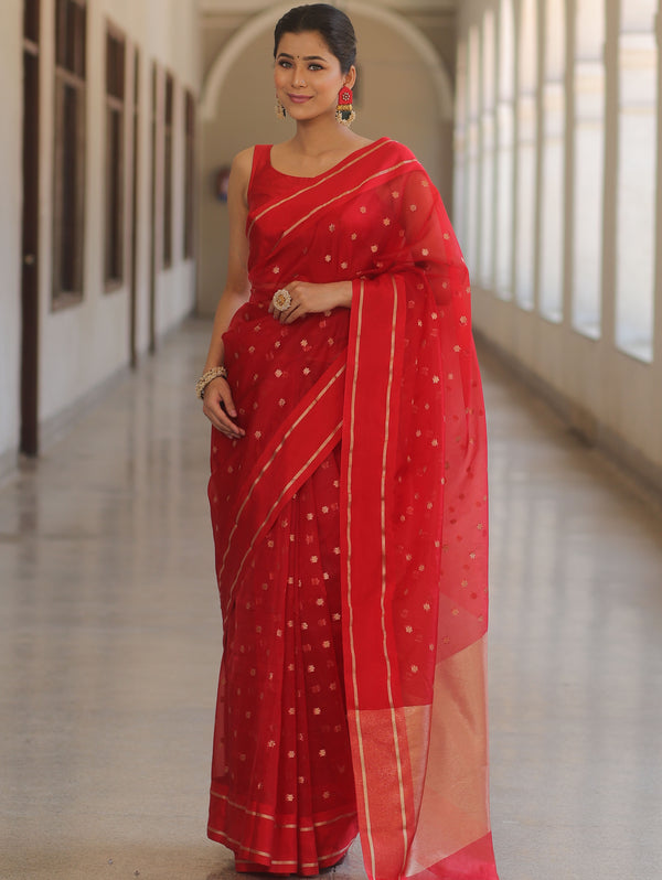 Banarasee Organza Saree With Zari Buti & Satin Border-Red