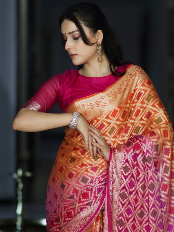 Banarasee Handloom Dual Color Pure Chiffon Saree With Resham Jaal Work-Pink & Orange