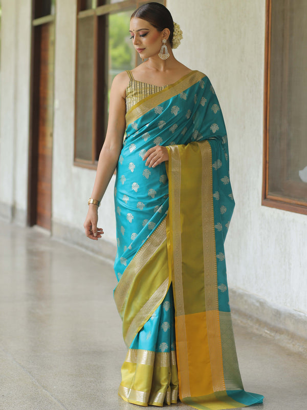 Banarasee Handwoven Semi Silk Saree With Buta Design & Contrast Border-Green