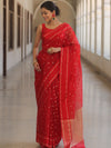 Banarasee Organza Saree With Zari Buti & Satin Border-Red