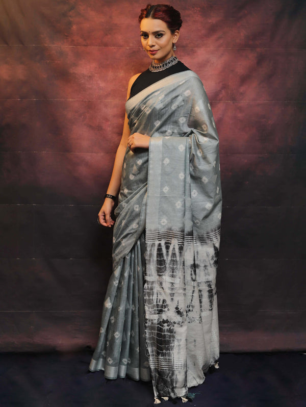 Bhagalpur Handloom Pure Linen Cotton Hand-Dyed Shibori Pattern Saree-Grey