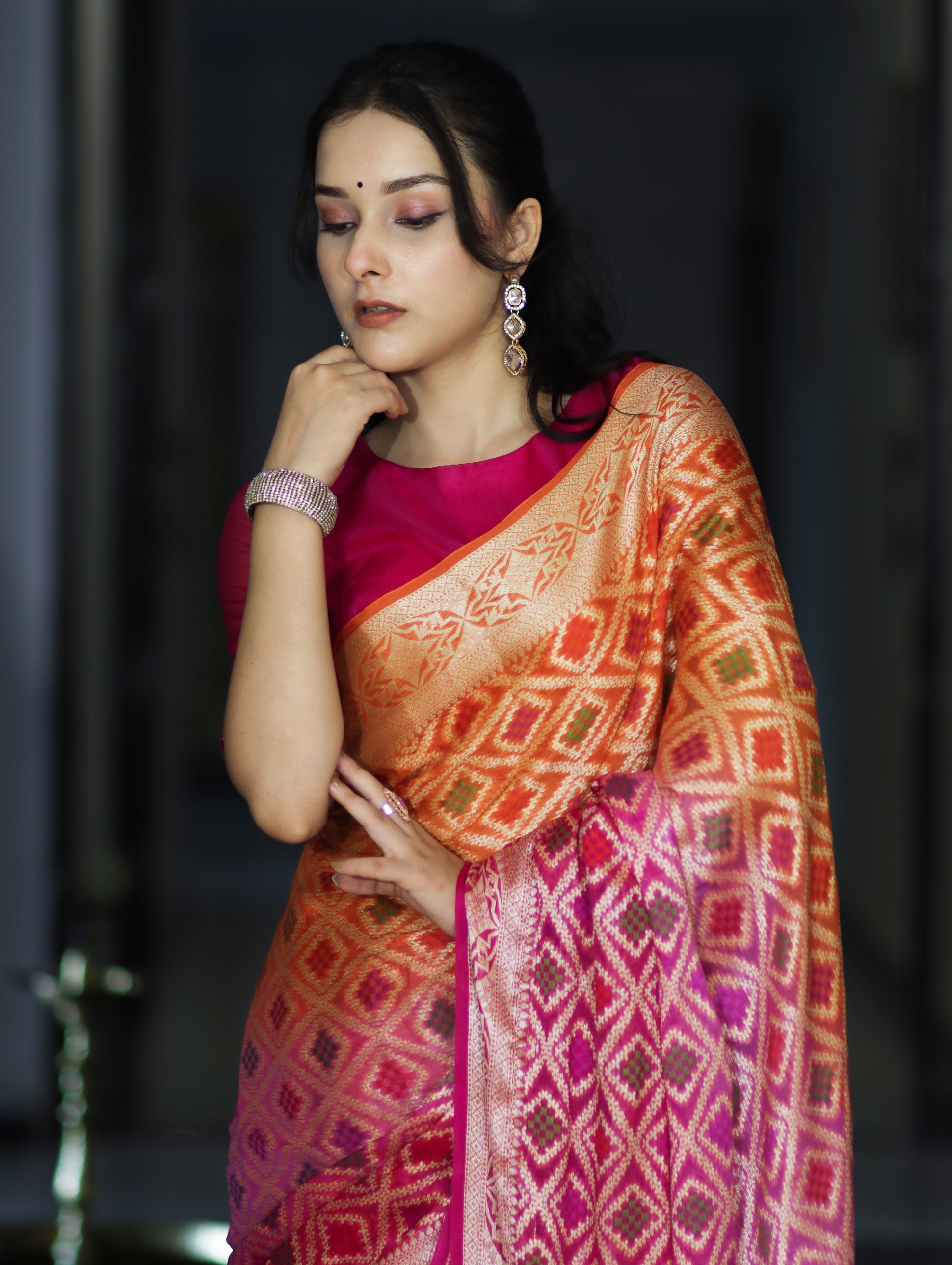 Banarasee Handloom Dual Color Pure Chiffon Saree With Resham Jaal Work-Pink & Orange