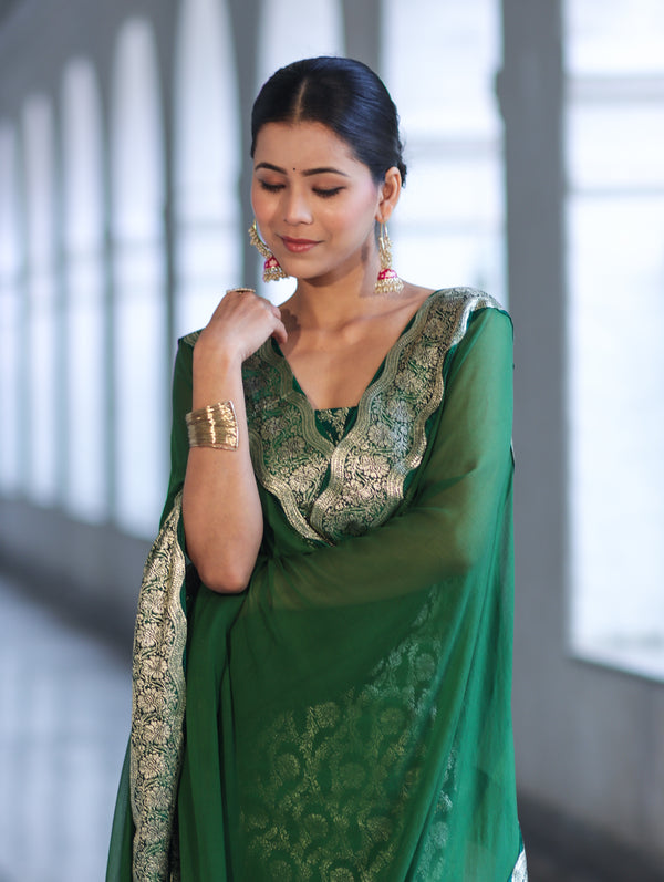 Banarasee Satin Silk Zari Work Salwar Kameez Fabric With Chiffon Dupatta Set-Green