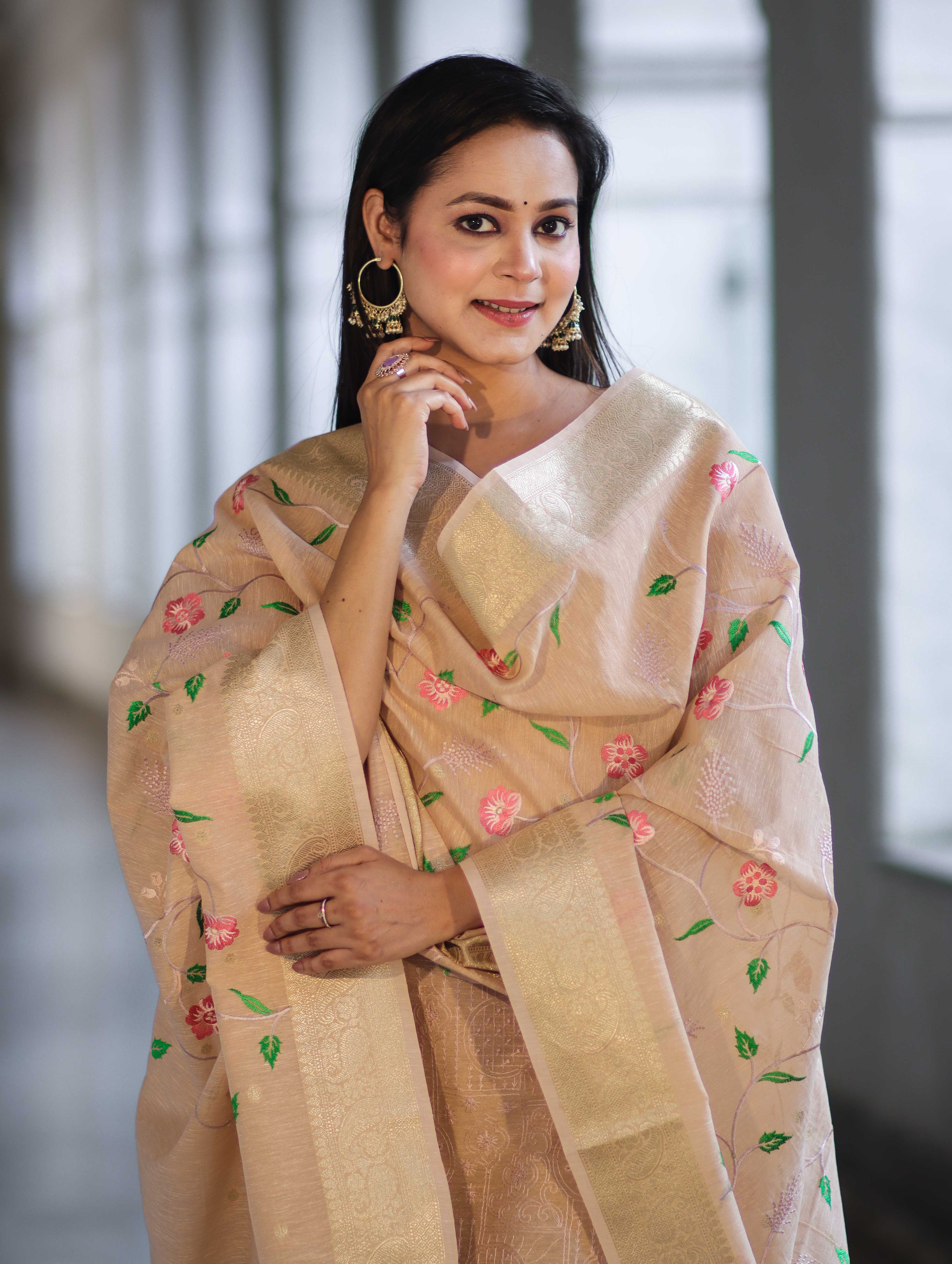Banarasee Embroidered Linen Cotton Salwar Kameez Fabric With Dupatta Set-Beige