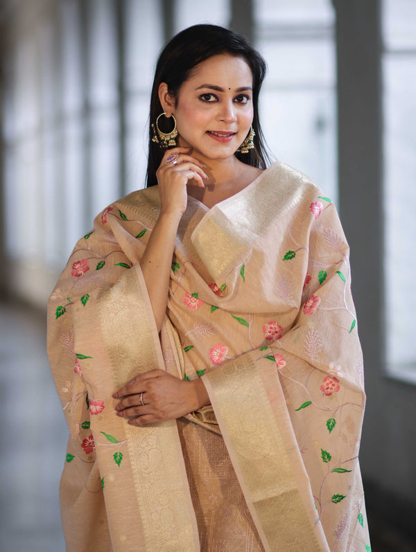 Banarasee Embroidered Linen Cotton Salwar Kameez Fabric With Dupatta Set-Beige