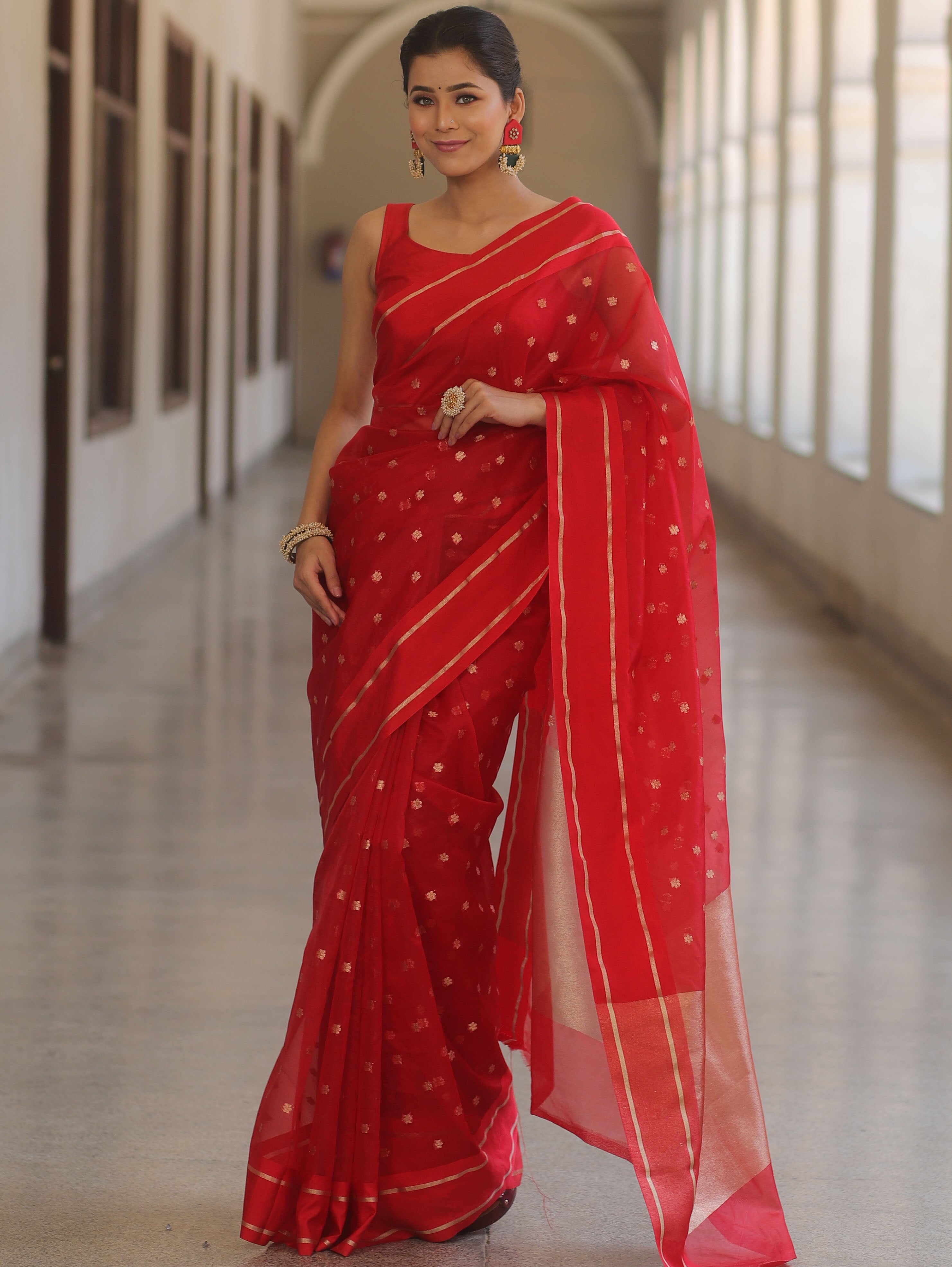 Banarasee Organza Saree With Zari Buti & Satin Border-Red