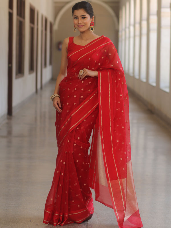 Banarasee Organza Saree With Zari Buti & Satin Border-Red