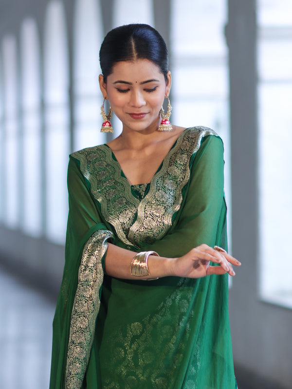 Banarasee Satin Silk Zari Work Salwar Kameez Fabric With Chiffon Dupatta Set-Green