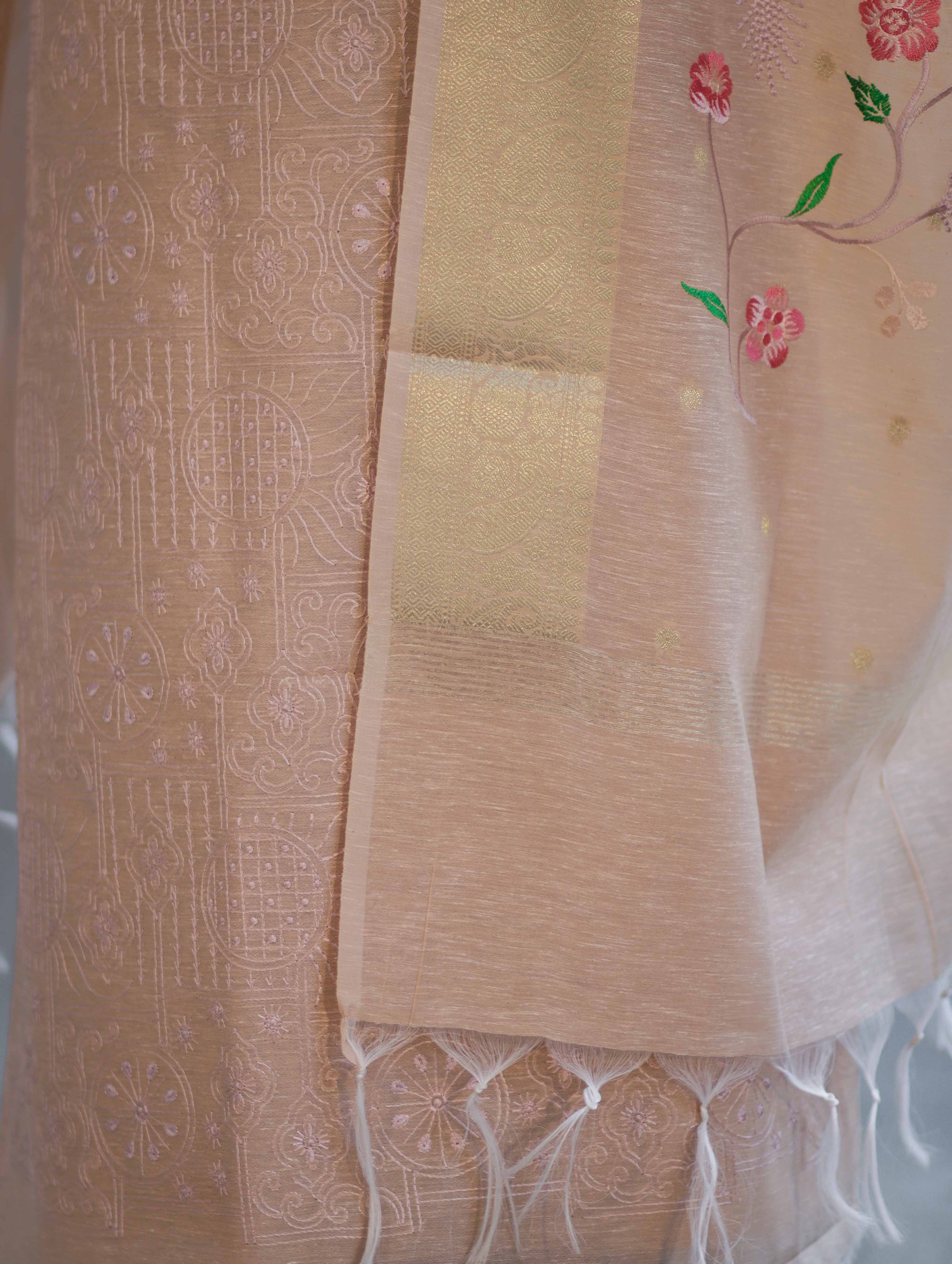 Banarasee Embroidered Linen Cotton Salwar Kameez Fabric With Dupatta Set-Beige