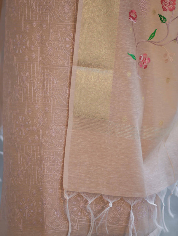 Banarasee Embroidered Linen Cotton Salwar Kameez Fabric With Dupatta Set-Beige