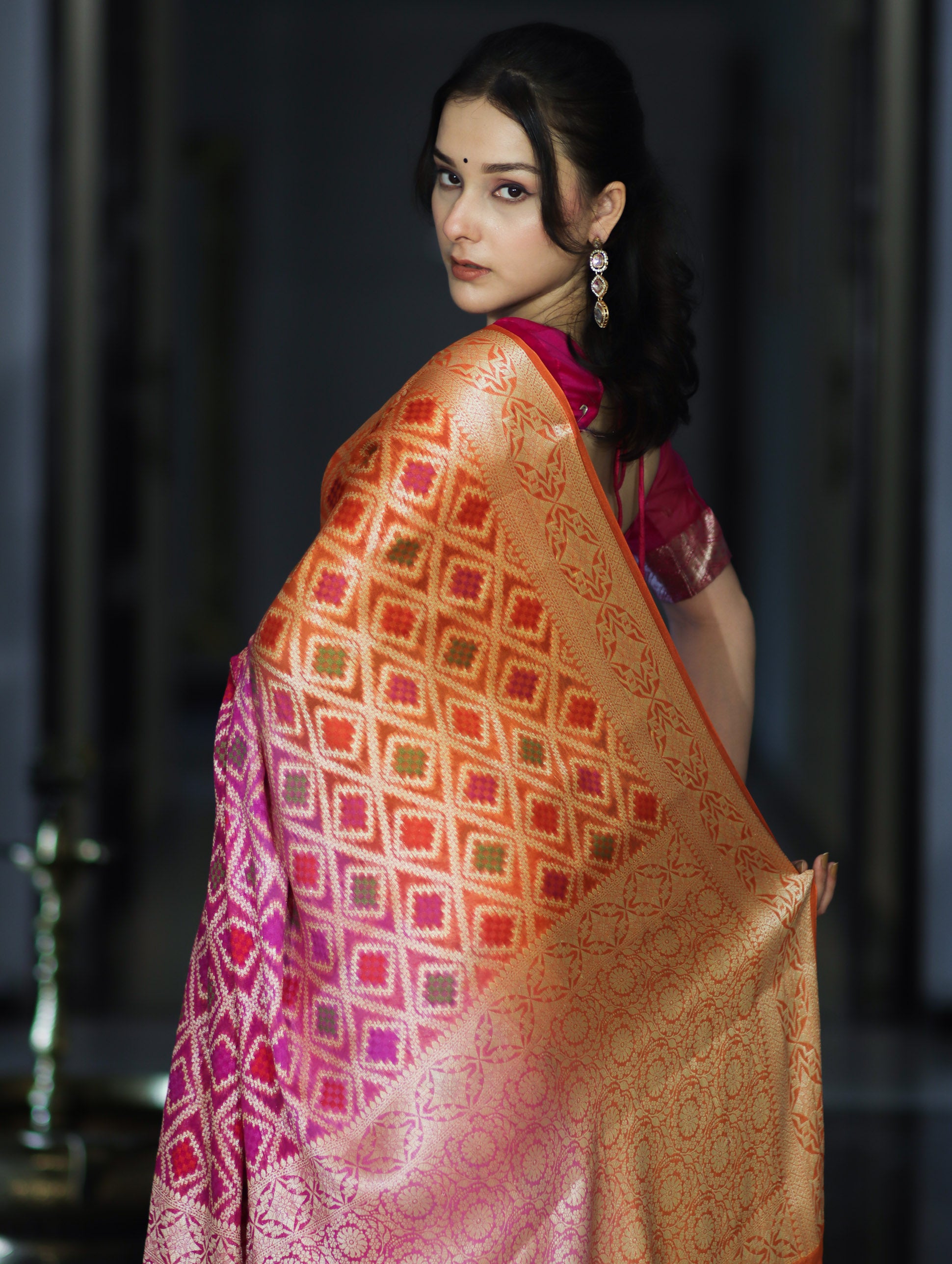 Banarasee Handloom Dual Color Pure Chiffon Saree With Resham Jaal Work-Pink & Orange
