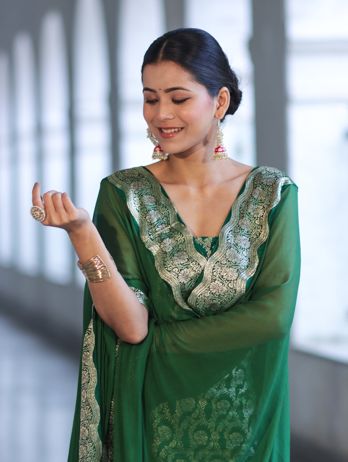 Banarasee Satin Silk Zari Work Salwar Kameez Fabric With Chiffon Dupatta Set-Green