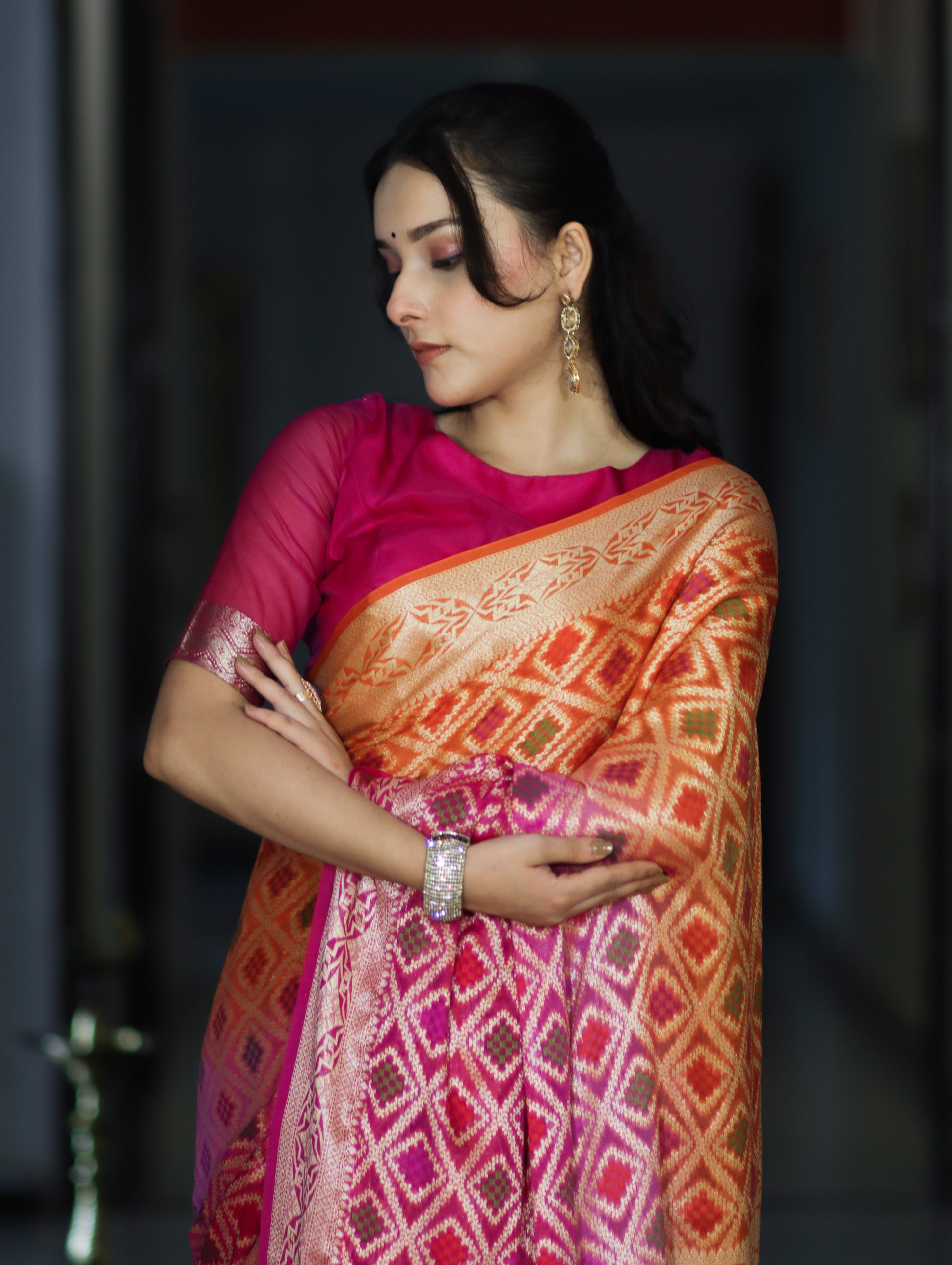 Banarasee Handloom Dual Color Pure Chiffon Saree With Resham Jaal Work-Pink & Orange
