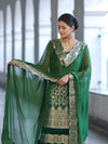 Banarasee Satin Silk Zari Work Salwar Kameez Fabric With Chiffon Dupatta Set-Green