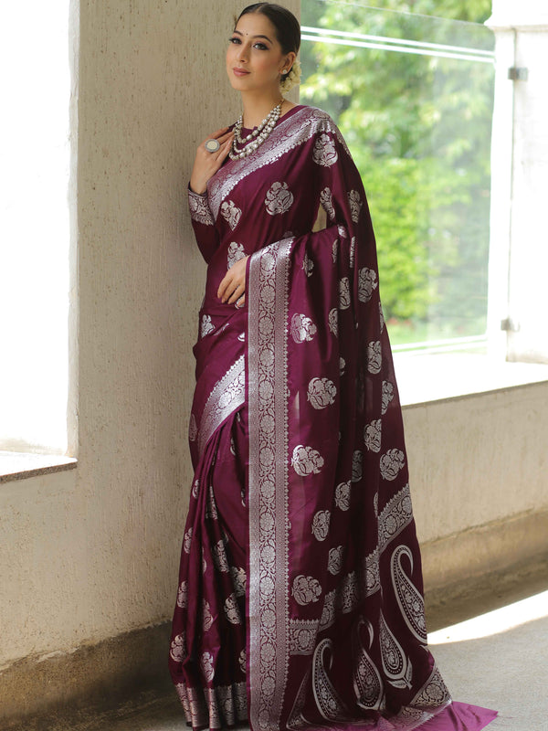 Banarasee Handwoven Faux Georgette Saree With Silver Zari Design-Violet