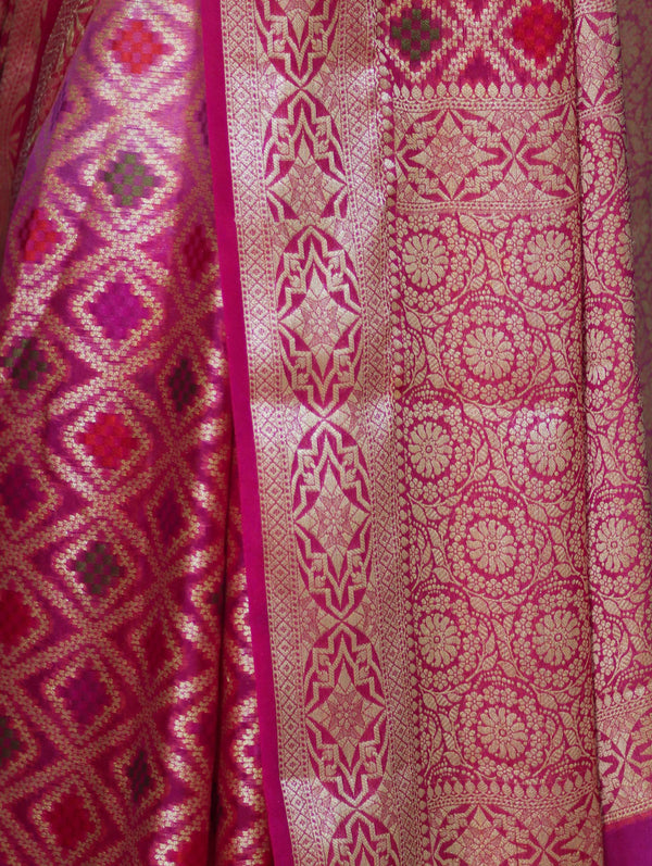 Banarasee Handloom Dual Color Pure Chiffon Saree With Resham Jaal Work-Pink & Orange