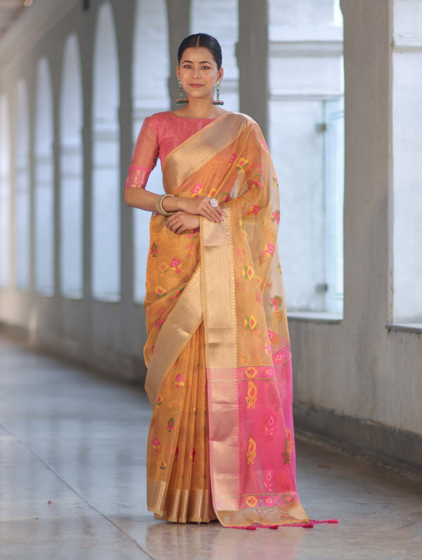 Banarasee Handloom Tissue Saree With Thread Embroidery & Contrast Pallu-Yellow & Pink