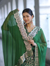 Banarasee Satin Silk Zari Work Salwar Kameez Fabric With Chiffon Dupatta Set-Green