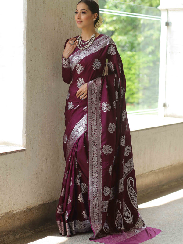 Banarasee Handwoven Faux Georgette Saree With Silver Zari Design-Violet