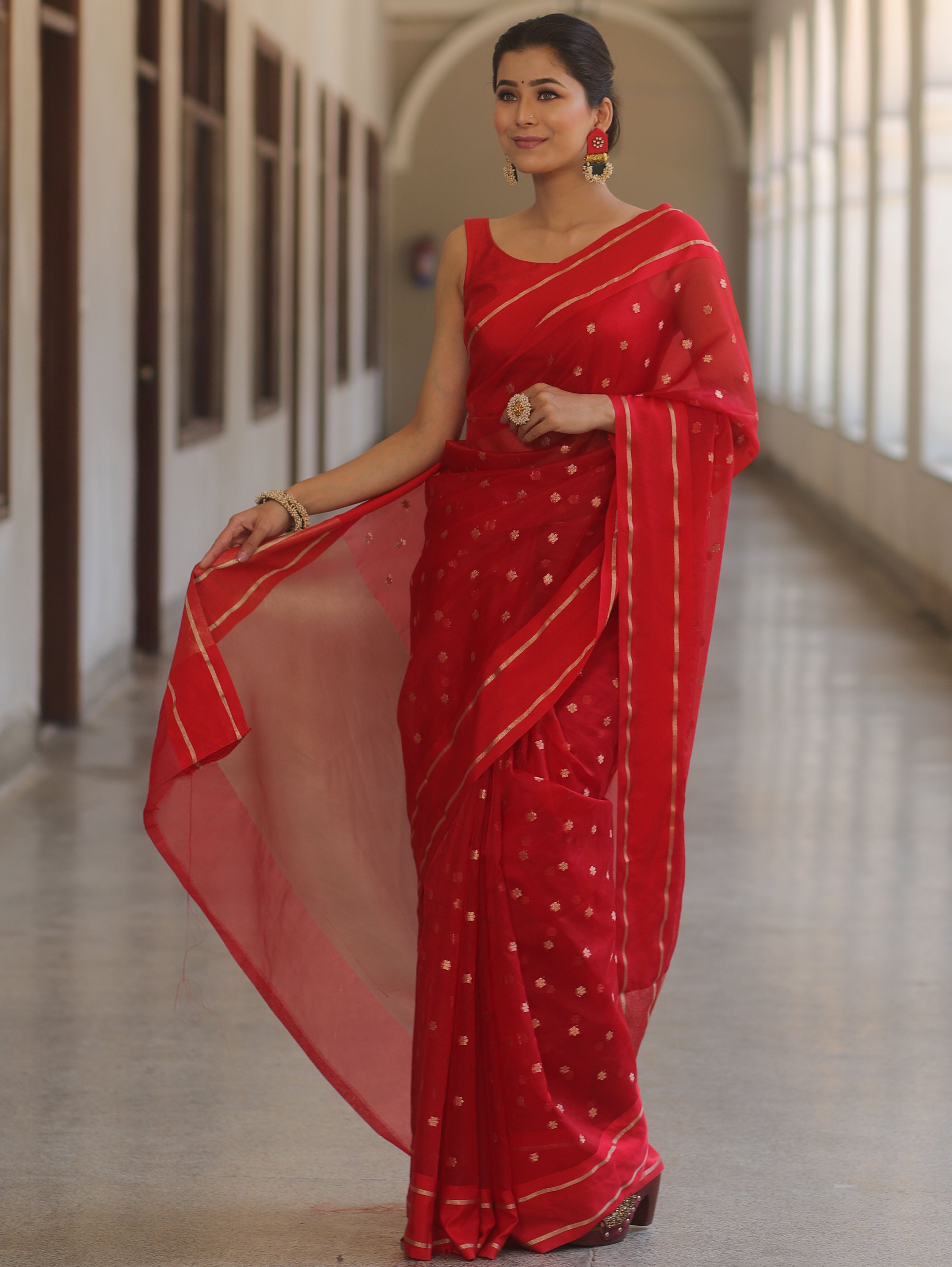 Banarasee Organza Saree With Zari Buti & Satin Border-Red
