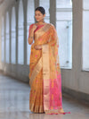 Banarasee Handloom Tissue Saree With Thread Embroidery & Contrast Pallu-Yellow & Pink