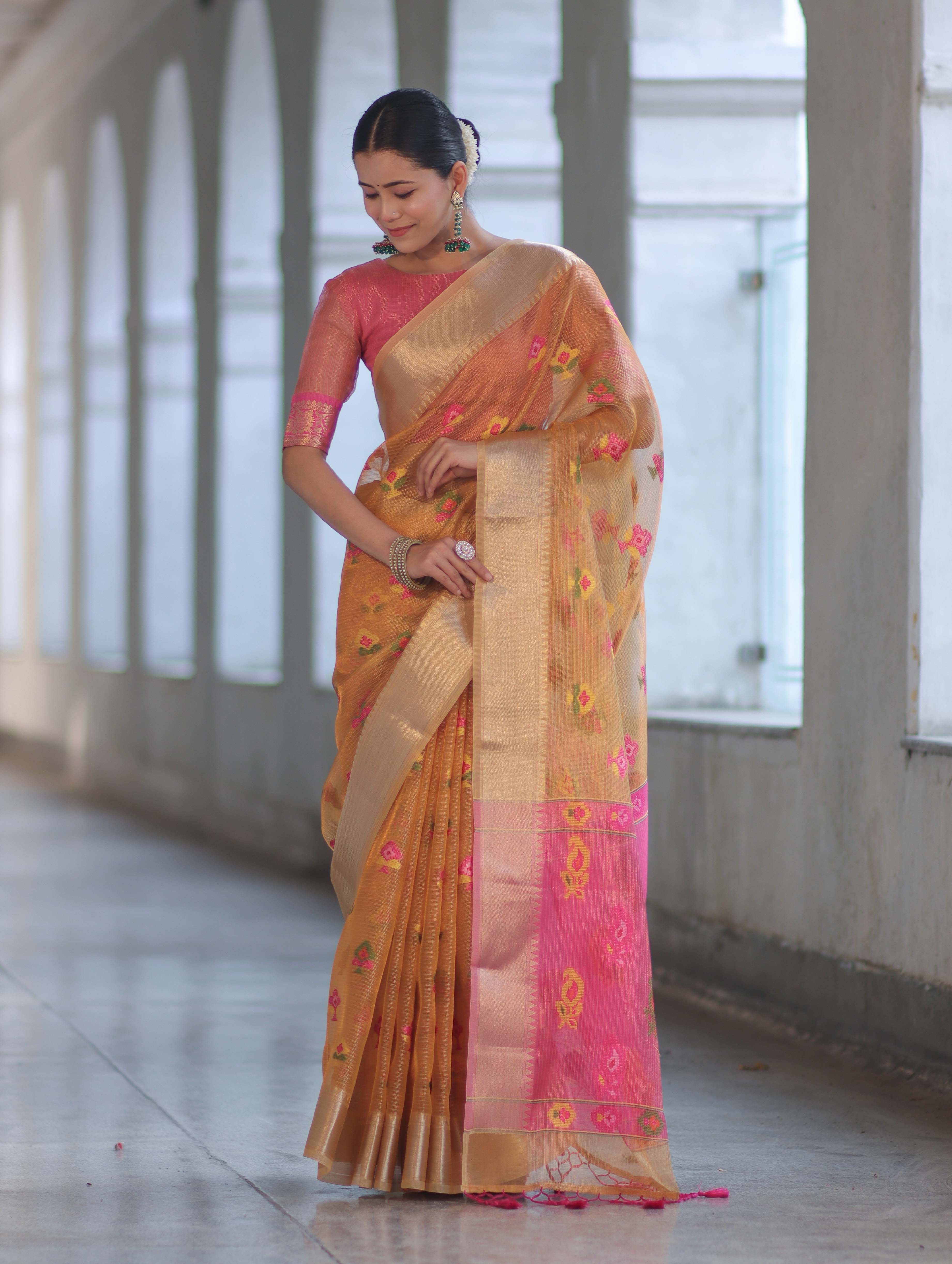 Banarasee Handloom Tissue Saree With Thread Embroidery & Contrast Pallu-Yellow & Pink