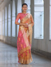 Banarasee Handloom Tissue Saree With Thread Embroidery & Contrast Pallu-Yellow & Pink