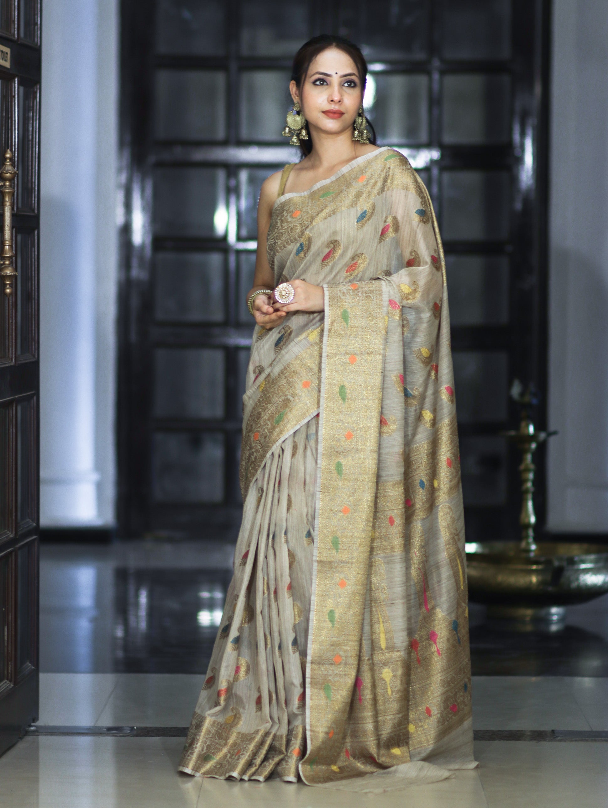 Banarasee Handloom Cotton Silk Saree With Antique Zari Buta Work & Border-Grey