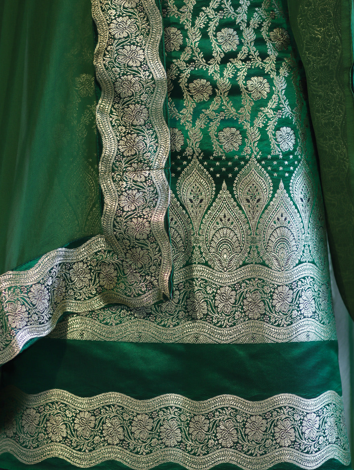 Banarasee Satin Silk Zari Work Salwar Kameez Fabric With Chiffon Dupatta Set-Green