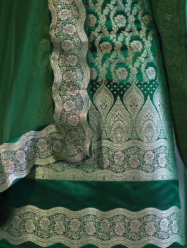 Banarasee Satin Silk Zari Work Salwar Kameez Fabric With Chiffon Dupatta Set-Green
