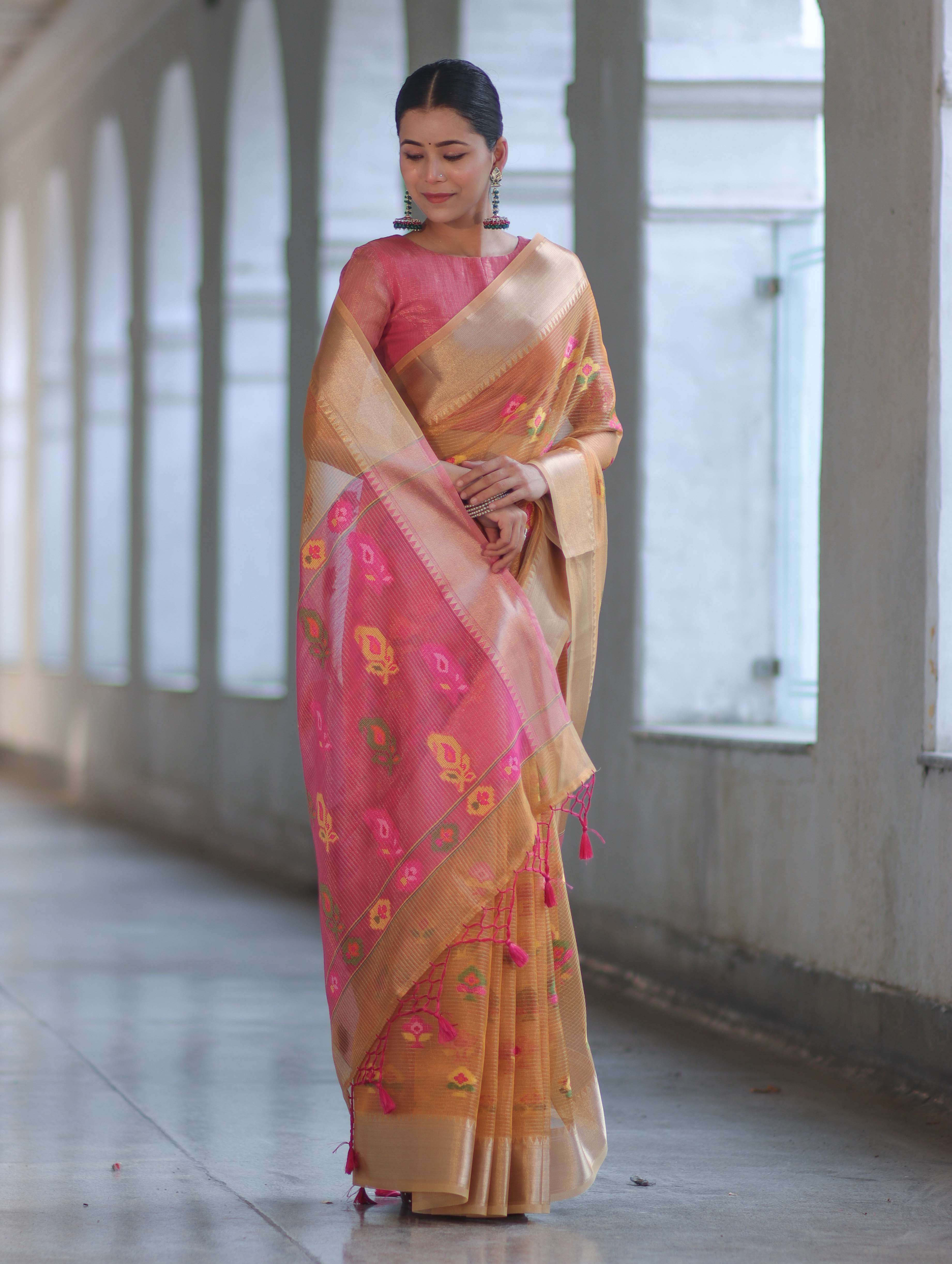 Banarasee Handloom Tissue Saree With Thread Embroidery & Contrast Pallu-Yellow & Pink