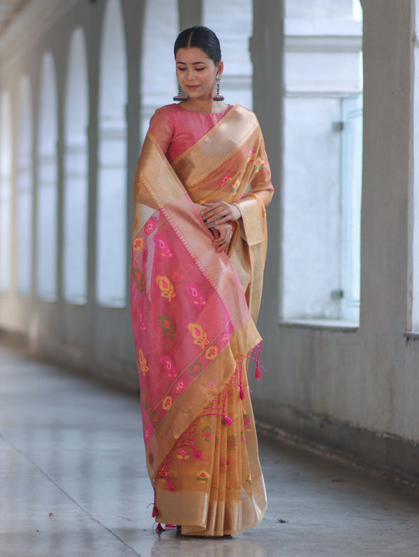 Banarasee Handloom Tissue Saree With Thread Embroidery & Contrast Pallu-Yellow & Pink