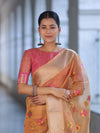 Banarasee Handloom Tissue Saree With Thread Embroidery & Contrast Pallu-Yellow & Pink