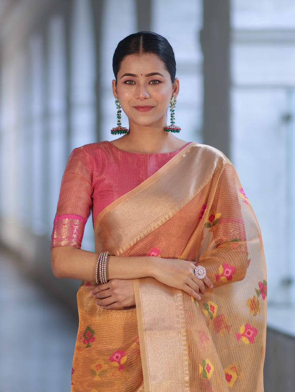Banarasee Handloom Tissue Saree With Thread Embroidery & Contrast Pallu-Yellow & Pink