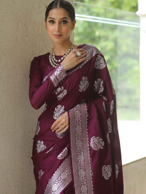 Banarasee Handwoven Faux Georgette Saree With Silver Zari Design-Violet