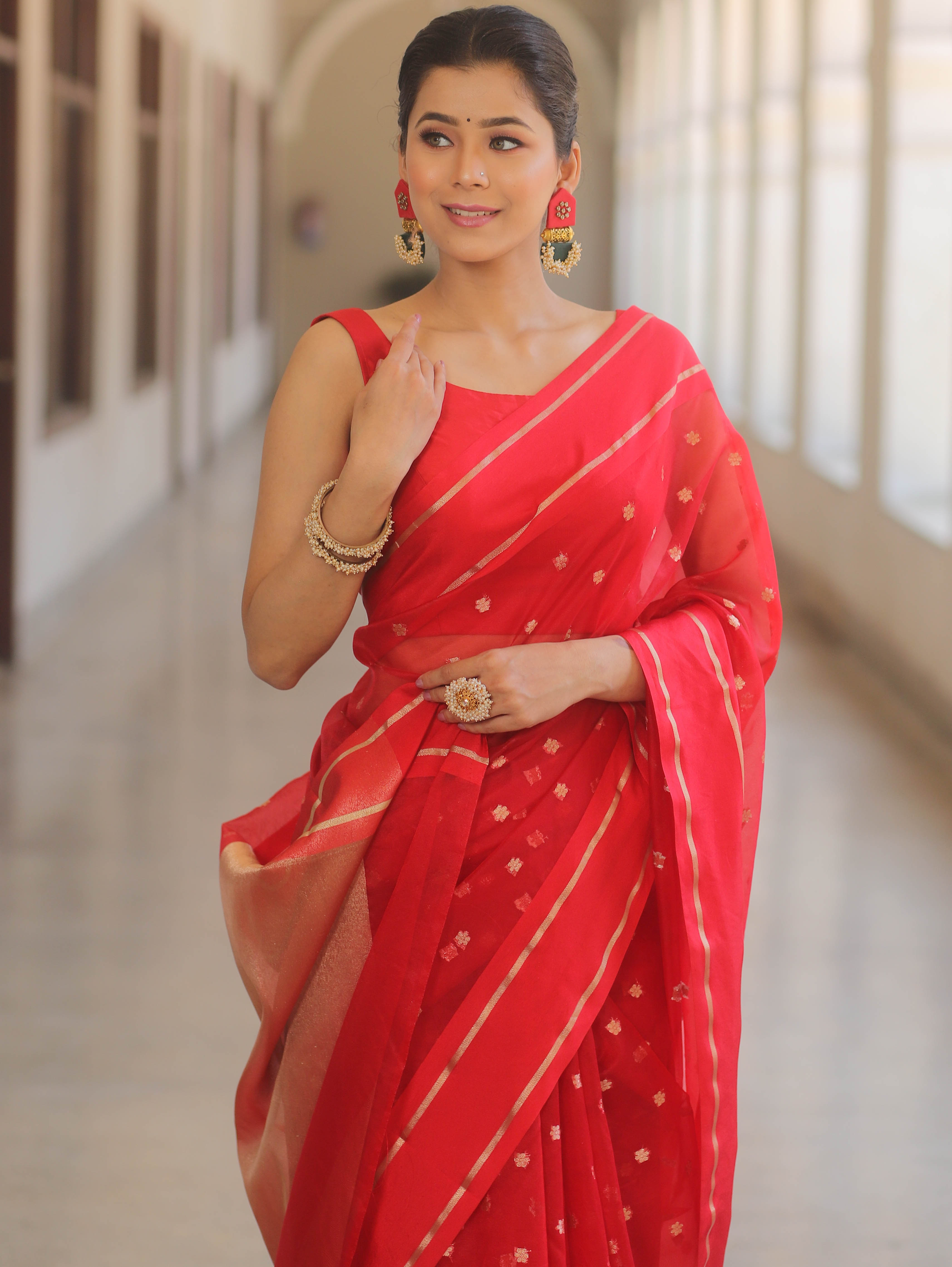 Banarasee Organza Saree With Zari Buti & Satin Border-Red