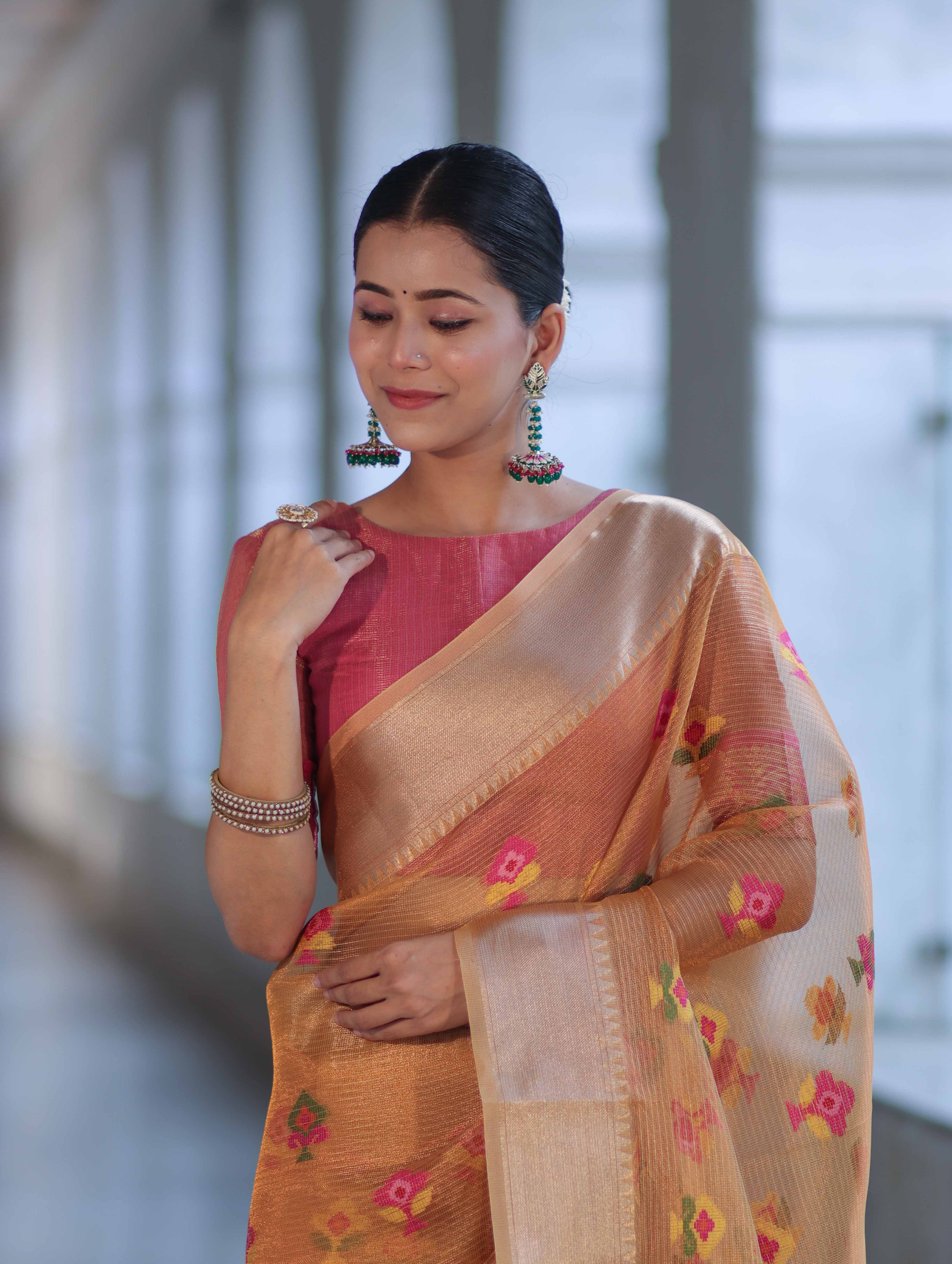 Banarasee Handloom Tissue Saree With Thread Embroidery & Contrast Pallu-Yellow & Pink