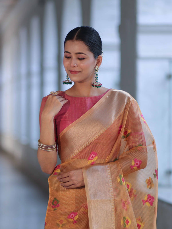 Banarasee Handloom Tissue Saree With Thread Embroidery & Contrast Pallu-Yellow & Pink