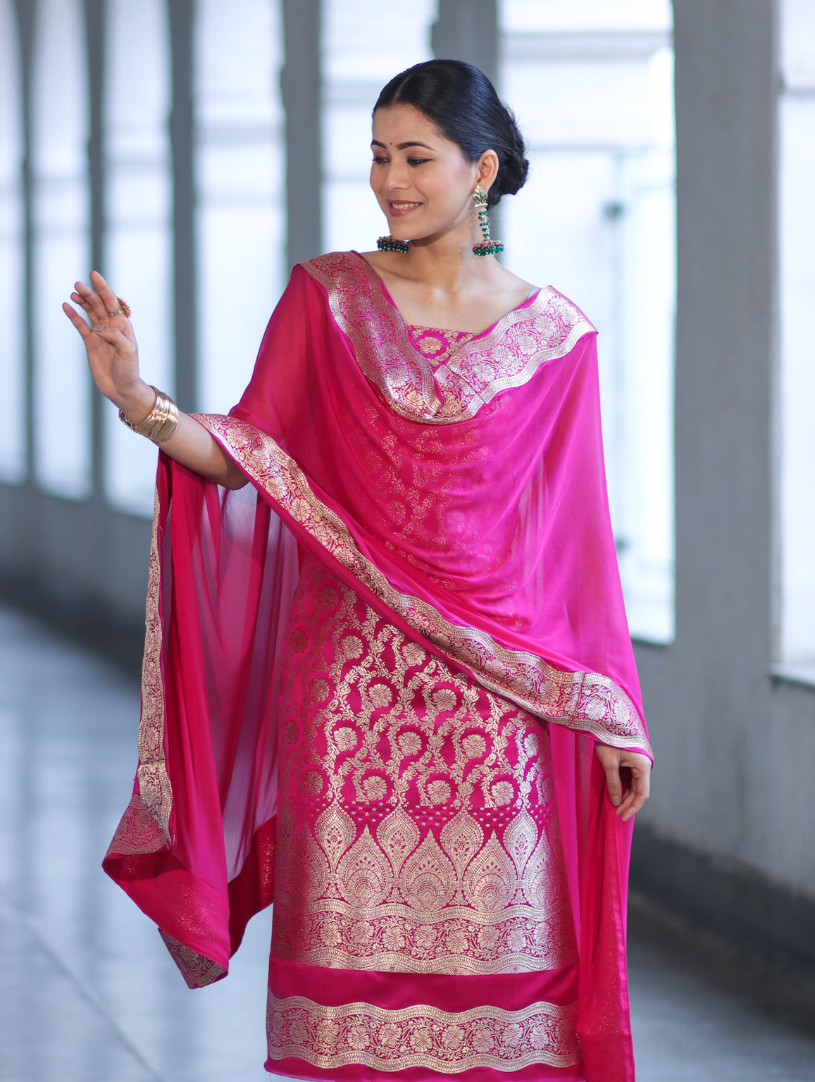 Banarasee Satin Silk Zari Work Salwar Kameez Fabric With Chiffon Dupatta Set-Pink